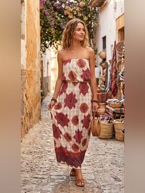 5th & Love Strapless Maxi Dress in Cream with Red and Orange Medallion Print